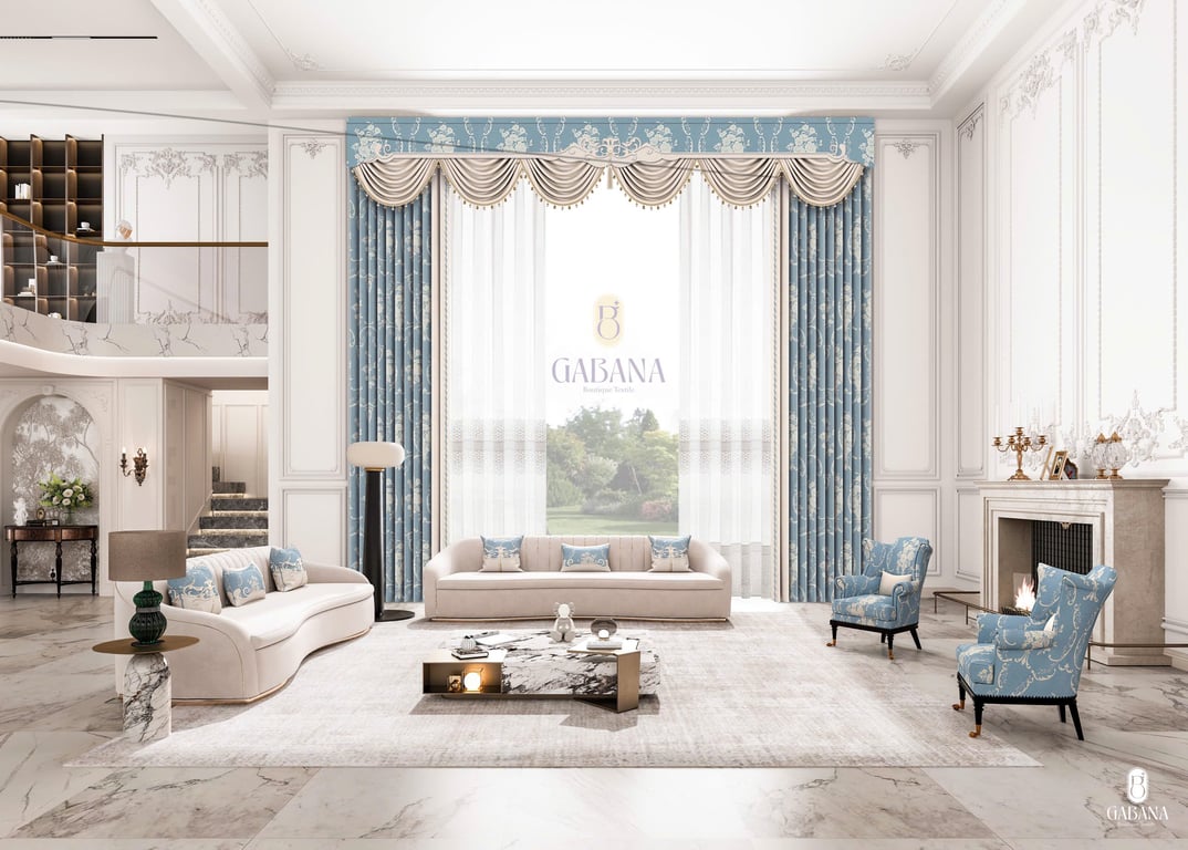 Rèm cửa xanh be pháp cổ điển