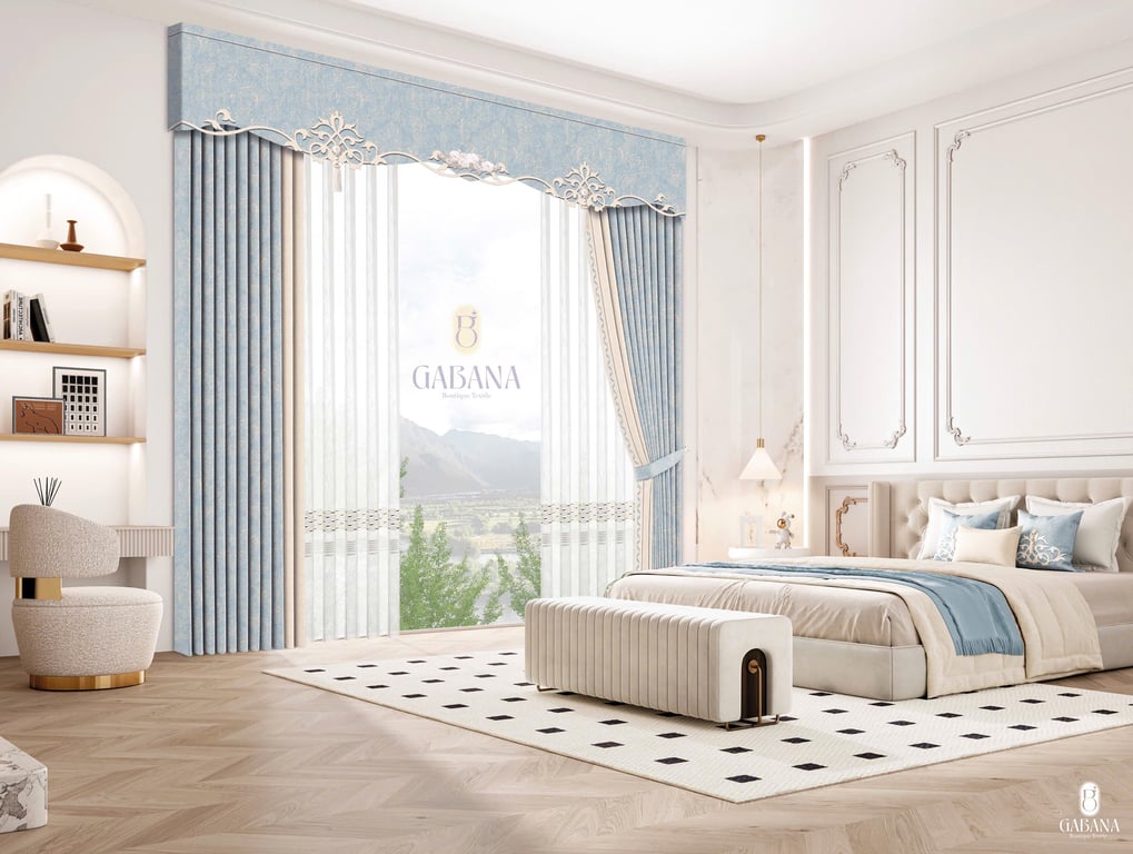 Rèm cửa xanh be trung hoa hiện đại