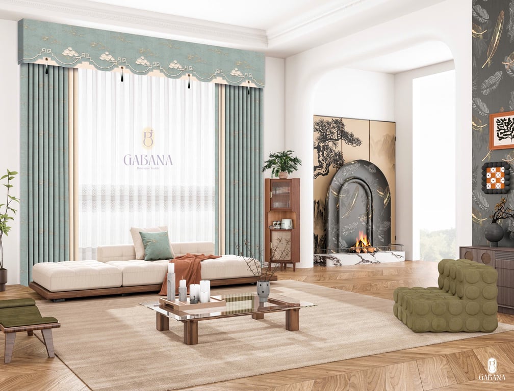 Rèm cửa xanh lá trung hoa hiện đại