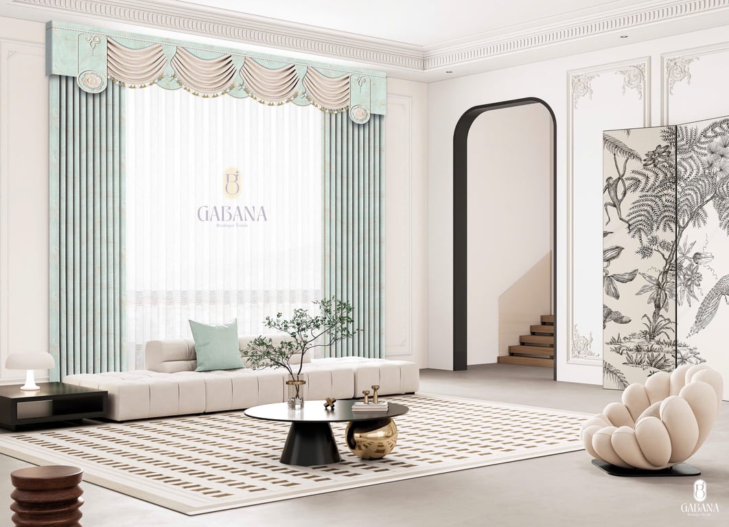 Rèm cửa xanh pháp cổ điển