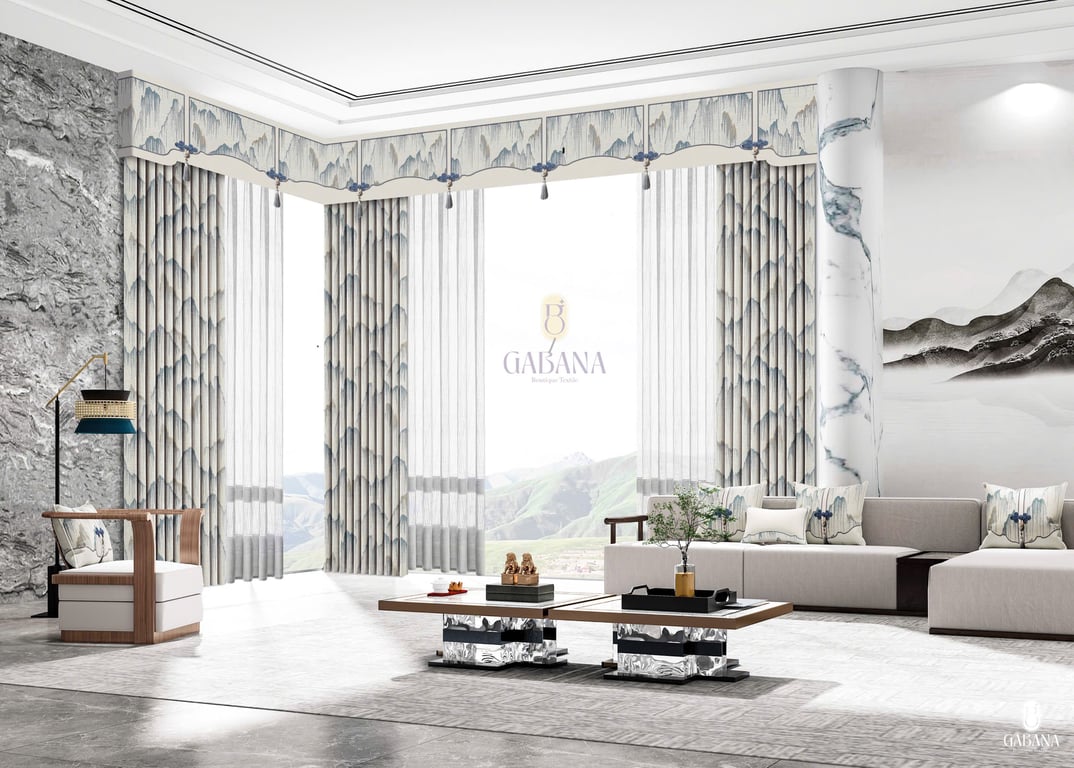 Rèm cửa xám xanh trung hoa cổ điển