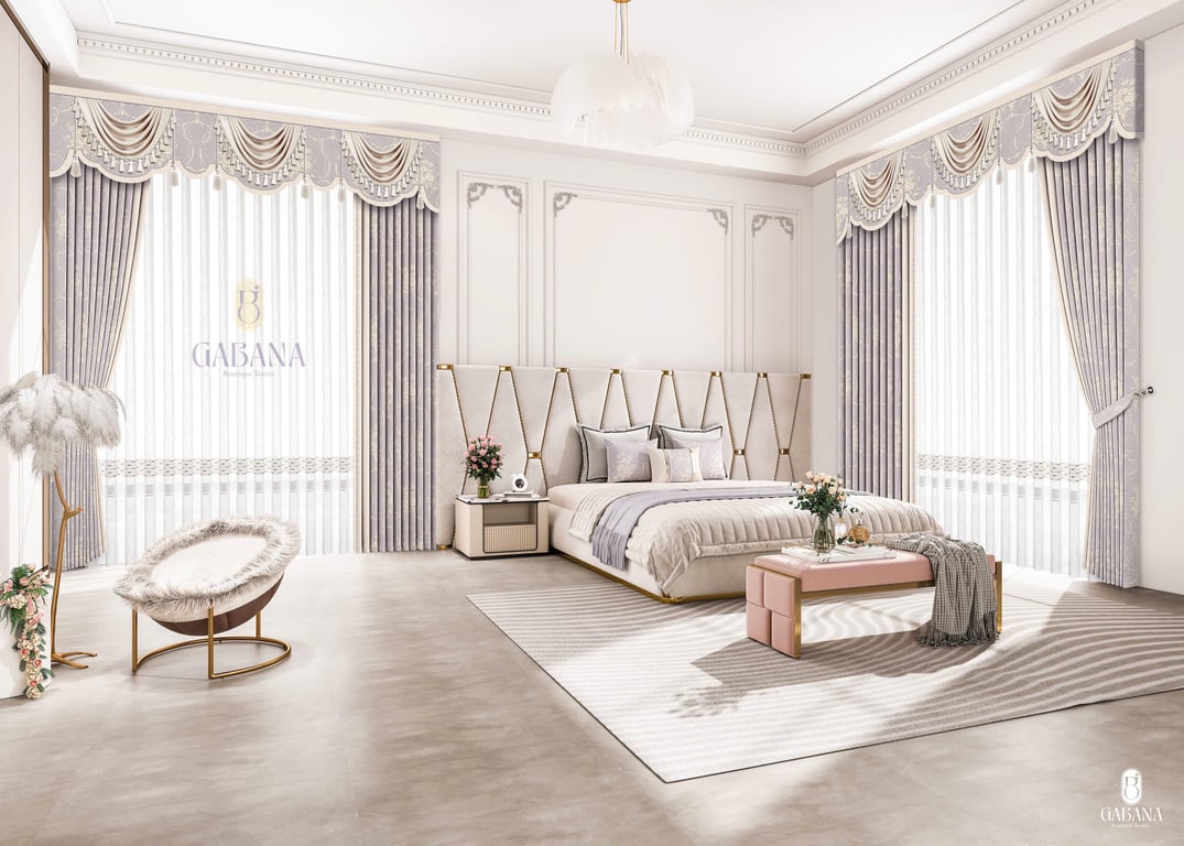 Rèm cửa tím nhạt be pháp cổ điển