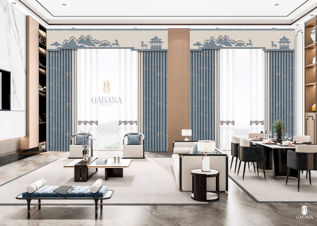 Rèm cửa xanh be trung hoa cổ điển